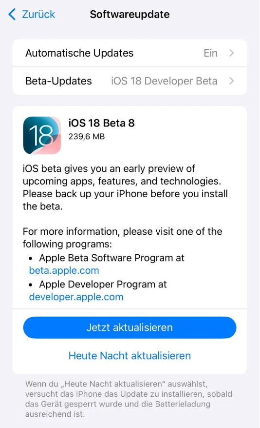 钦州苹果手机维修分享苹果 iOS / iPadOS 18 开发者预览版 Beta 8 发布 